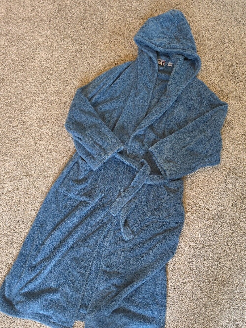 Organic Turkish Cotton Hooded Long Blue Women's Bath Robe with Belt - Picture 5 of 5